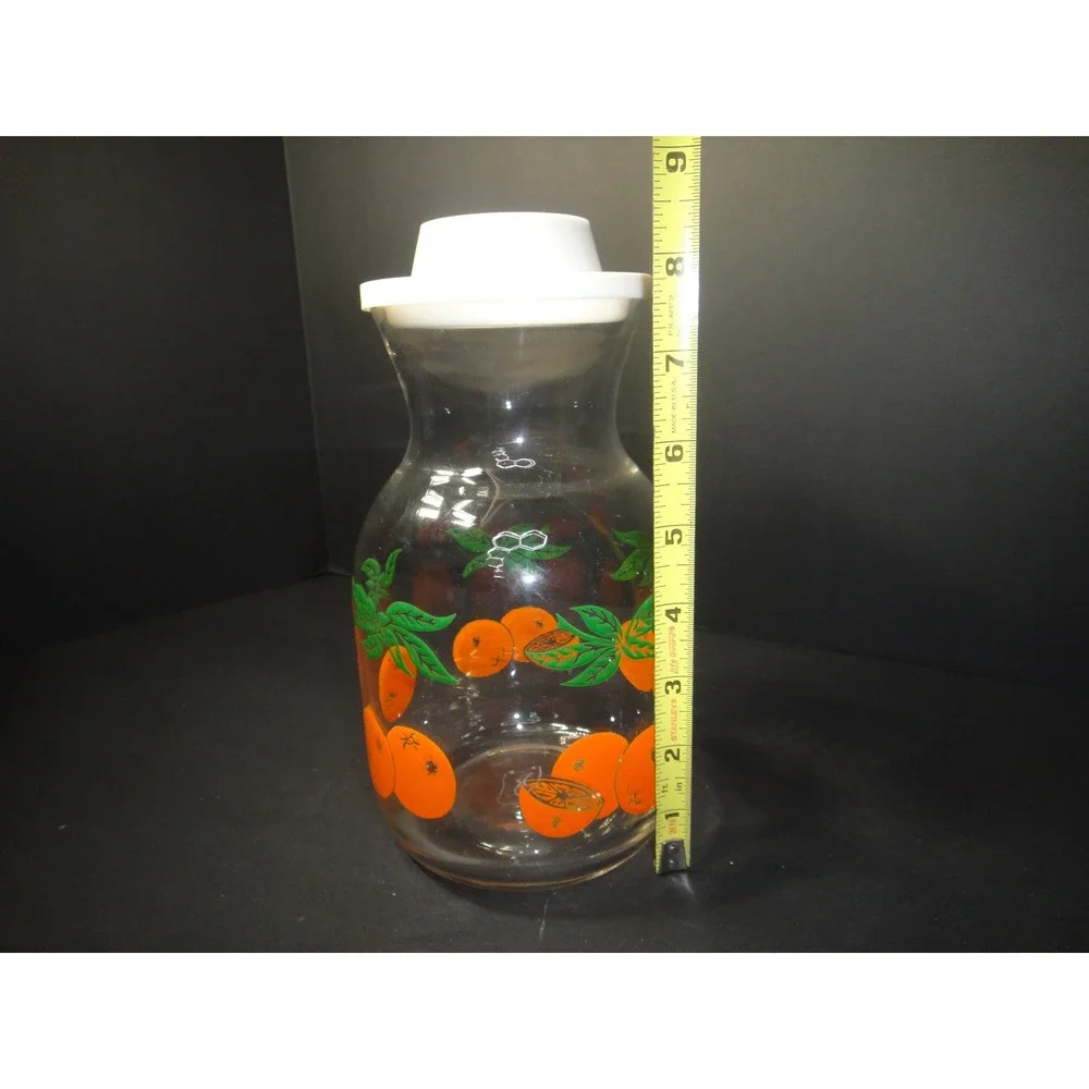 Vintage 1970s Glass Juice Carafe Pitcher Orange Fruit Print White Lid 8.5 Inch
